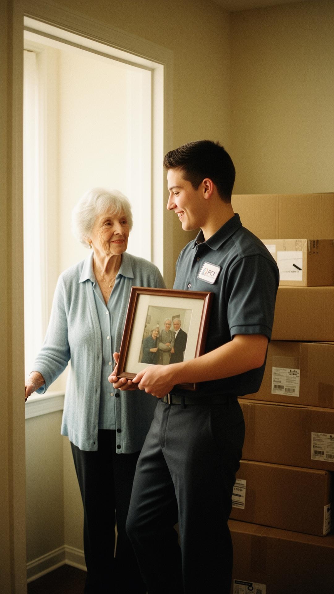 A Haven Movers crew member helping an elderly resident move into her assisted living apartment